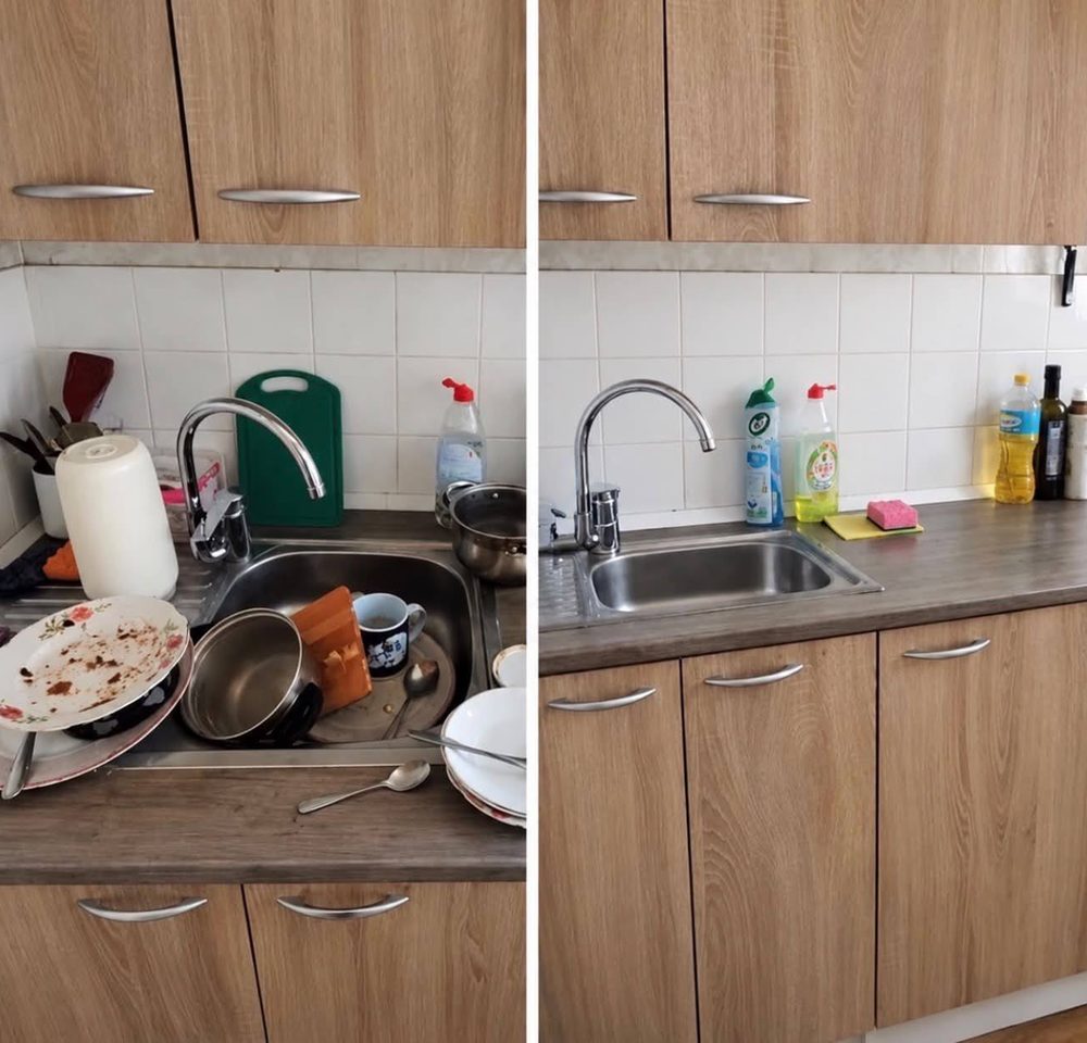 Kitchen before and after cleaning and dishwashing