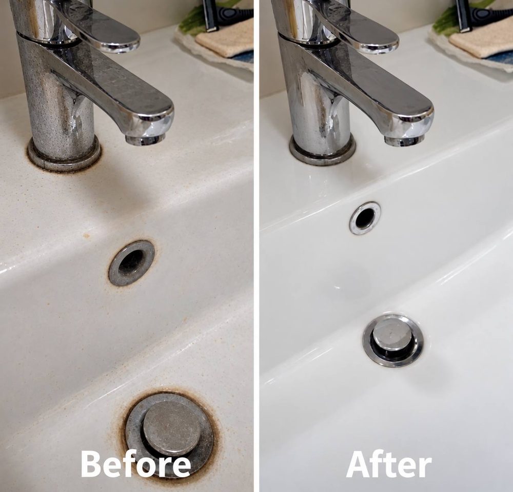 Bathroom sink before and after cleaning