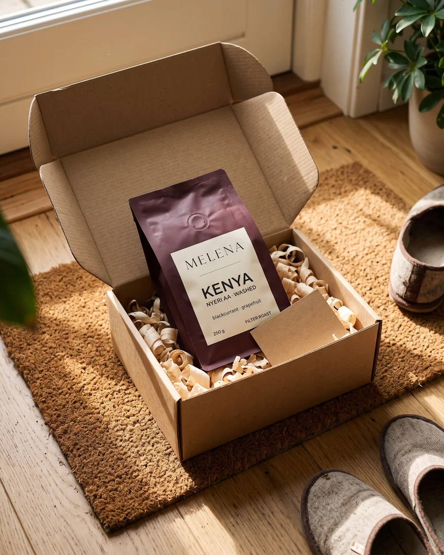A box with a bag of coffee at the door