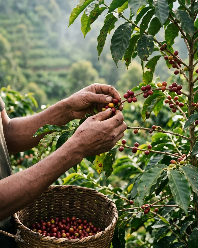 Hand-picking ripe coffee cherries on a farm