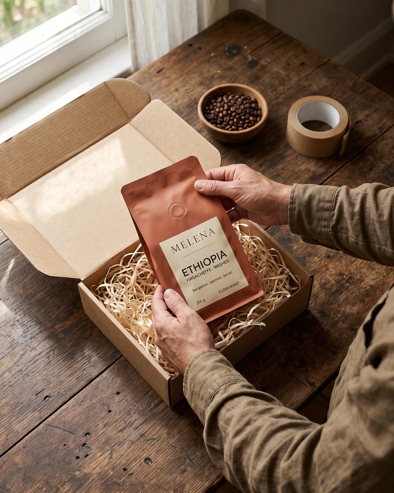 Packing an Ethiopia bag into a box with wood shavings