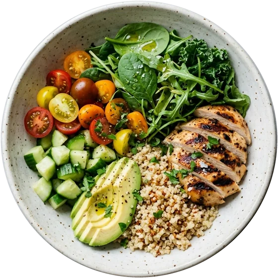A bowl with chicken, quinoa and vegetables