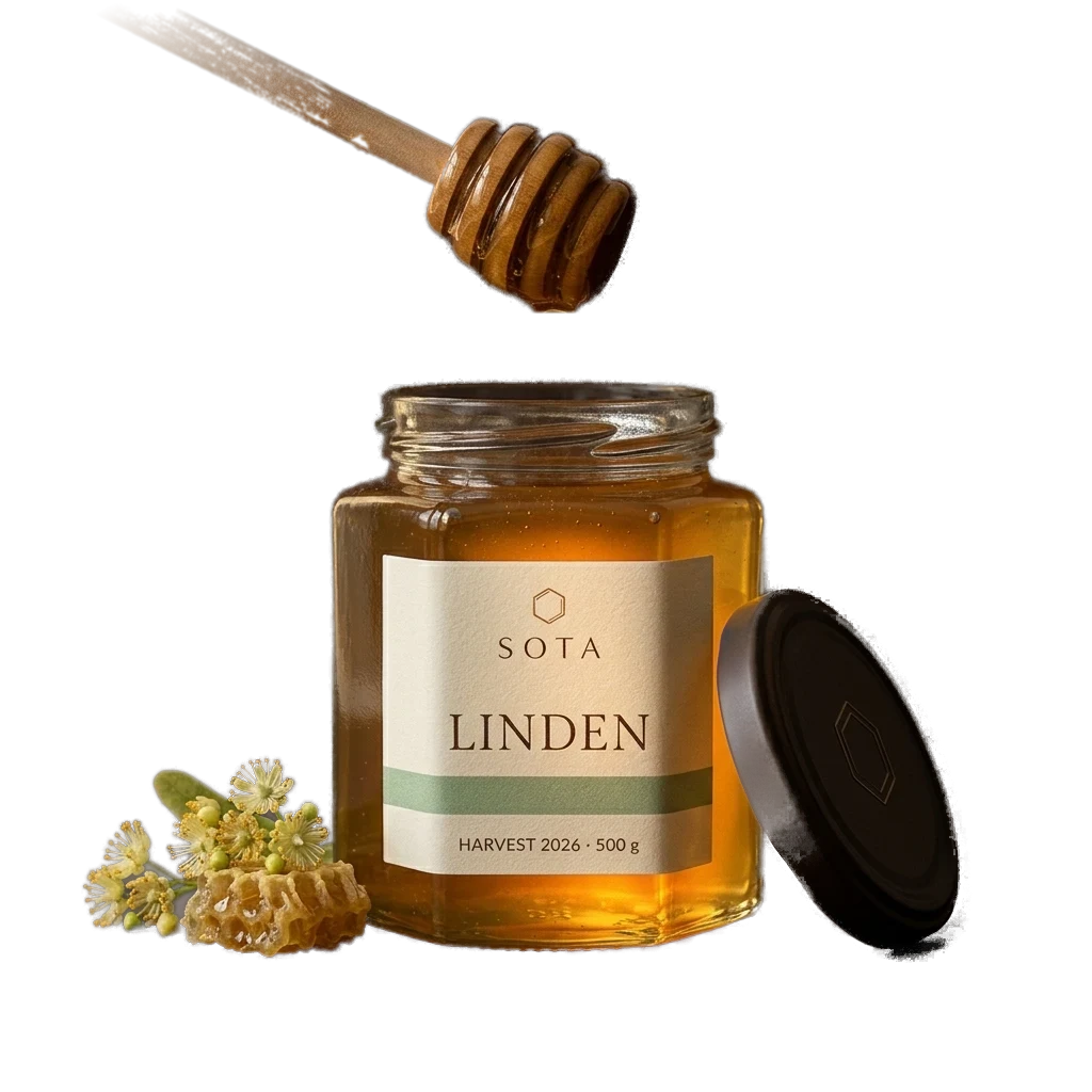 Open jar of SOTA linden honey, a drop falling from a wooden dipper